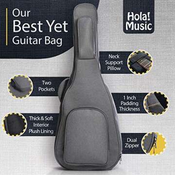 Hola! Music Acoustic Guitar Case - 41" Soft Gig Bag for Acoustic and Classical Guitars w/ 1 Inch Padding, Adjustable Shoulder Straps & Pockets - Pro Series, Gray