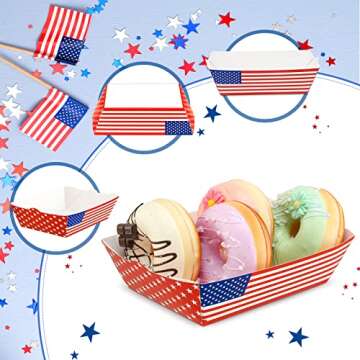 24 Pcs 4th of July Paper Food Tray American Flag Paper Food Tray Disposable Patriotic Party Decorations Red White and Blue Food Serving Trays Food Boat for Independence Day Memorial Party Supplies