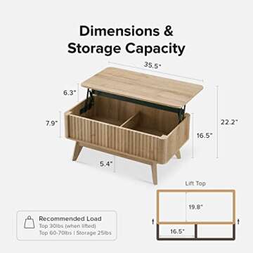 mopio Brooklyn Coffee Table, Lift Top Coffee Tables for Living Room, Mid Century, Modern Farmhouse Center Table with Lifting Top & Hidden Storage, Fluted Panel, Rising Pull Up Dining Table (Oak)