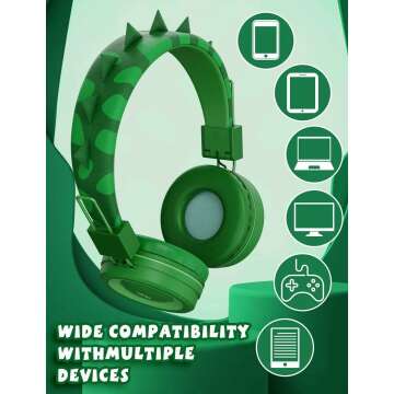 SIMJAR Dinosaur Kids Headphones with Microphone for School, Volume Limiter 85/94dB, Over-Ear Girls Boys Headphones for Kids with Foldable Wired Headphones for iPad/Travel/Tablet