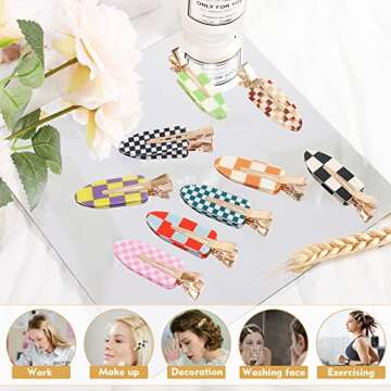 9PCS No Bend Hair Clips, Checkerboard No Crease Curl Pins, Acrylic Resin Flat Styling, Colorful Bang Seamless Duckbill Barrette for Makeup Hairstyle Accessories for Women Girls