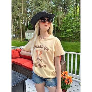 ASTANFY Raised on 90s Country Shirt Womens Vintage Concert Outfits Casual Country Music Graphic Tees Tops Khaki