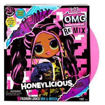 L.O.L. Surprise! Remix Honeylicious Fashion Doll, Plays Music with 25 Surprises Including Shoes, Hair Brush, Doll Stand, Magazine, and Record Player Package - For Girls Ages 4+