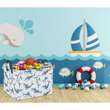 TIBAOLOVER Rectangular Baby Shark Basket Kids Basket Baby Storage Basket Cute Kids Toy Storage Bin Organizer Shelf Book Basket Baby Shark Room Decor(Blue Shark)