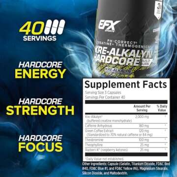 EFX Sports Kre-Alkalyn Hardcore | Thermogenic pH Correct Creatine Monohydrate Pill Supplement | Energy & Strength Pre Workout | 40 Servings, 120 Capsules