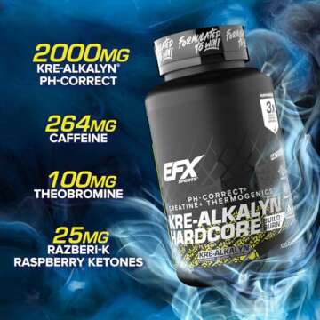 EFX Sports Kre-Alkalyn Hardcore | Thermogenic pH Correct Creatine Monohydrate Pill Supplement | Energy & Strength Pre Workout | 40 Servings, 120 Capsules