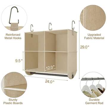 TOPIA HOME 4-Section Closet Shelf with Hanging Rod, Unique Thickened Cotton Fabric Hanging Closet Organizer, Closet Storage Organizer for Kids, Shoes, Bags, Sweater, Clothes, 24" Wx12 Dx29 H, Beige