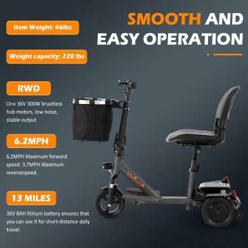 3 Wheeled Mobility Scooter, Electric Powered Scooter for Adults & Seniors, Folding and Compact Duty Scooter for Travel with Long Range Power Battery, Charger, Basket and Light