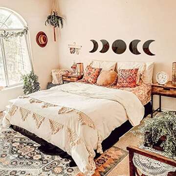 RTMISA Moon Phases Mirror Set Boho Decor Halloween Scandinavian Natrual Black Wall Decorations Nordic Style Moon Wall Sticker Interior Design for Home Living Bed Room Nursery, Not Real Mirror