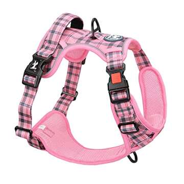 PoyPet No Pull Dog Harness, Reflective Adjustable No Choke Pet Vest with Front & Back 2 Leash Attachments, Soft Control Training Handle for Small Medium Large Dogs(Checkered Pink,S)