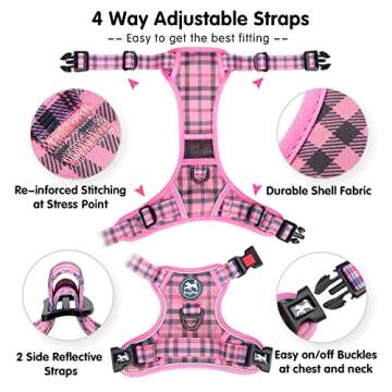 PoyPet No Pull Dog Harness, Reflective Adjustable No Choke Pet Vest with Front & Back 2 Leash Attachments, Soft Control Training Handle for Small Medium Large Dogs(Checkered Pink,S)