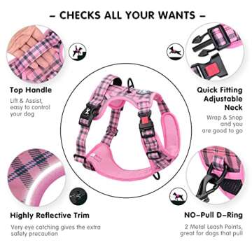 PoyPet No Pull Dog Harness, Reflective Adjustable No Choke Pet Vest with Front & Back 2 Leash Attachments, Soft Control Training Handle for Small Medium Large Dogs(Checkered Pink,S)