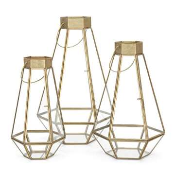 Best Choice Products Metal Indoor Outdoor Modern Decorative Faceted Hurricane Candle Holder Centerpiece Lanterns for Parties, Events, Weddings w/Clear Glass, Mirrored Base, Set of 3, Brass