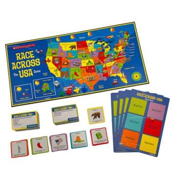 University Games, Scholastic Race Across the USA Board Game , Geography Learning Game for Kids and Families, for 2 to 4 Players Ages 8 and Up