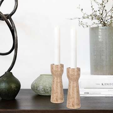 WORHE Candle Holders Italy True Natural Marble Set of 2 Pillar Taper Candlestick Holder for Home Dinning Party Wedding Modern Christmas Decor Premium Candles Stand Light Brown (WH009)