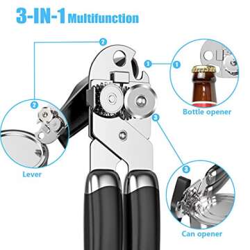 Can Opener, Kitchen Durable Stainless Steel Heavy Duty Can Opener Manual Smooth Edge Food Safety Cut 3-in-1 Can Openers Bottle for Seniors with Arthritis Hands Friendly