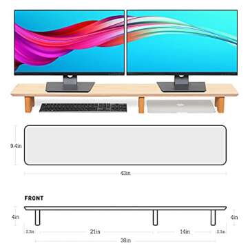 Aothia Large Dual Monitor Stand Riser, Solid Wood Desk Shelf with Eco Cork Legs for Laptop Computer/TV/PC/Printers, Perfect Desktop Stands Organizer with Underneath Storage for Office Accessories