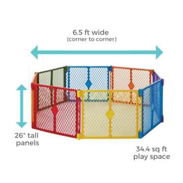 Toddleroo by North States Superyard Colorplay 8 Panel Free Standing Play Yard, Indoor or Outdoor Baby Playpen, Baby Gate. Made in USA. 6.5 feet corner to corner play pen (26" Tall, Multicolor)