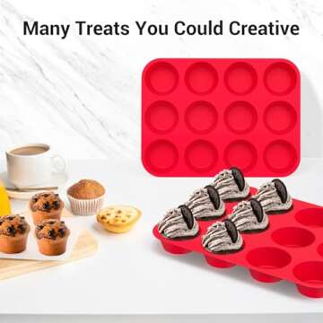 Redfly 2 Pack Silicone Muffin Pan for Baking, Silicone Cupcake Pan, Silicone Molds for Baking, Muffin Tin 12 Cup Regular Size, Silicone Cupcake Mold, BPA Free Silicone Muffin Cups, Silicone Egg Molds