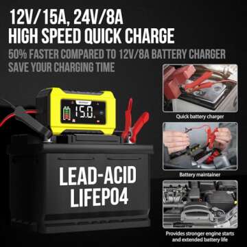 NEXPEAK NC215 15-Amp Battery Charger, Trickle Charger Car Battery Charger 12V 24V LiFePO4 Lead Acid Portable 9-Stage Smart Battery Maintainer w/Temp Compensation for Car Truck Lawn Mower Boat Marine