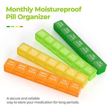 AUVON Monthly Pill Organizer Moistureproof, Large 28 Days Pill Case with Removable 4 Weeks Pill Box Rows, Travel-Friendly Pill Container for Fish Oils, Vitamins, Supplements and Medications