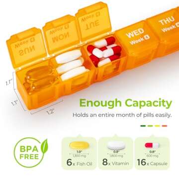 AUVON Monthly Pill Organizer Moistureproof, Large 28 Days Pill Case with Removable 4 Weeks Pill Box Rows, Travel-Friendly Pill Container for Fish Oils, Vitamins, Supplements and Medications