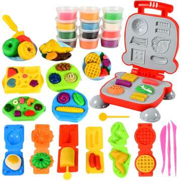 Color Dough Set Kitchen Creations Waffle Pizza Burger Maker Pretend Chef Toy Play Food Modeling Tools Kit with Wheat Dough Compound for Kids Girls Boys Christmas Birthday Gift 40Pcs