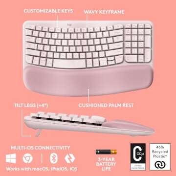 Logitech Wave Keys Wireless Ergonomic Keyboard with Cushioned Palm Rest, Comfortable Natural Typing, Easy-Switch, Bluetooth, Logi Bolt Receiver, for Multi-OS, Windows/Mac - Rose (Renewed)