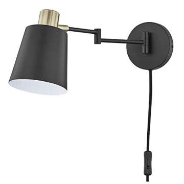 Light Society LS-W280-BK Alexi Plug-in Wall Sconce in Matte Black with Swivel Arm and Brass Details, Modern Contemporary Loft-Style Lighting