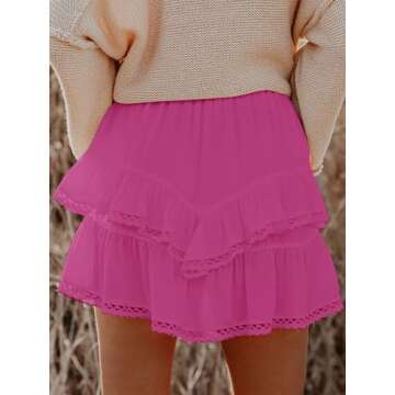 Aoudery Flowy Shorts for Women Casual Boho Ruffle Tiered Skorts High Waist Mini Skirts Golf Tennis Butterfly Crochet Shorts - All Hot Pink XS