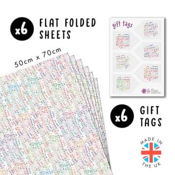 CENTRAL 23 White Wrapping Paper - Music Notes - 6 Gift Wrap Sheets With Tags - Music Lover - Recyclable Wrapping Paper - For Birthday Wedding Anniversary