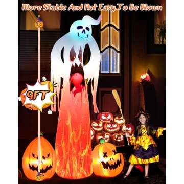 Halloween Inflatable Ghost Outdoor Decorations: 9 FT Scary Ghost with Pumpkin and 3D Tongue - Halloween Decor with Build-in LEDs for Party - Halloween Blow Up Includes Stakes for Yard Lawn Garden