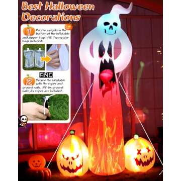 Halloween Inflatable Ghost Outdoor Decorations: 9 FT Scary Ghost with Pumpkin and 3D Tongue - Halloween Decor with Build-in LEDs for Party - Halloween Blow Up Includes Stakes for Yard Lawn Garden