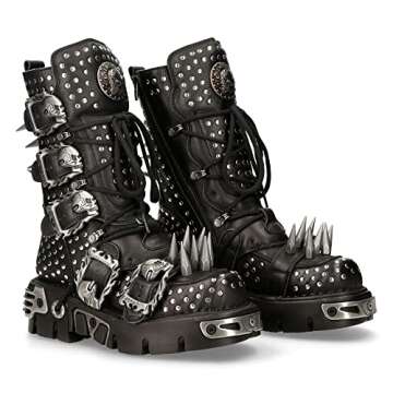 New Rock Boots 1535-S1 Womens Metallic Black Leather Goth Studded Spike Boot