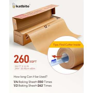 Unbleached Parchment Paper Roll for Baking 12in x 262ft, 260 Sq.Ft, Heavy Duty & Non-stick Baking Paper with Slide Cutter, Brown Parchment Paper for Cooking, Air Fryer, Steaming, Bread