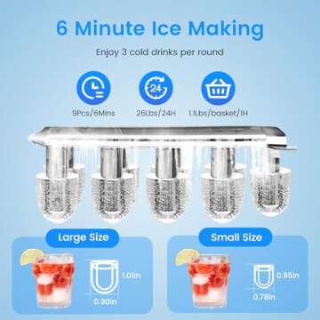 Electactic Ice Makers Countertop, 26.5lbs/24H, 9 Bullet Ice in 6 Mins, Self-Cleaning Ice Maker, 2 Sizes of Bullet Ice, Portable ice Maker for Home/Kitchen/Party/Camping, Black