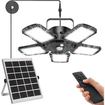 Solar Powered Shed Light Outdoor Indoor Solar Pendant Lights with Remote Control, Timer, Adjustable Panels & Motion Sensor, Waterproof for Garage Shop Barn Home House, Daytime Available