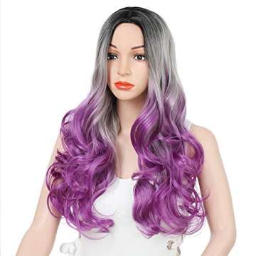 AISI HAIR Ombre Purple Wavy Side Part Wig Cosplay Long Curly Purple Hair for Black Women Natural Looking Fiber Wig