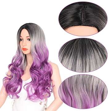 AISI HAIR Ombre Purple Wavy Side Part Wig Cosplay Long Curly Purple Hair for Black Women Natural Looking Fiber Wig