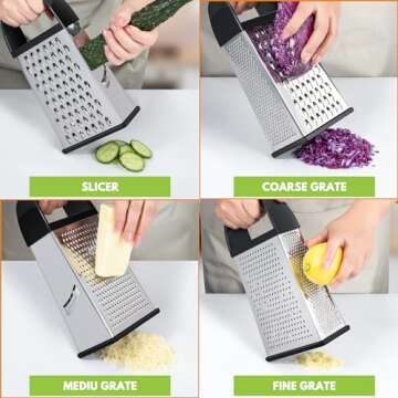 Urbanstrive Cheese Grater With Container, Professional Cheese Grater with Handle, Stainless Steel Graters for Kitchen Handheld, Box Grater with 4 Sides for Vegetables, Ginger, Potatoes, Black