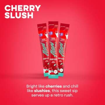 Alani Nu Cherry Slush Energy Sticks | Energy Drink Powder | 200mg Caffeine | Pre Workout Performance with Antioxidants | On-The-Go Drink Mix | Biotin, B Vitamins | Zero Sugar | 5 Calories | 10 Pack