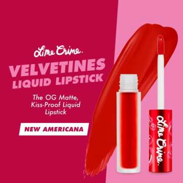 Lime Crime Velvetines Liquid Matte Lipstick, New Americana (Flame Red) - Bold, Long Lasting Shades & Lip Lining - Stellar Color & High Comfort for All-Day Wear - Talc-Free & Paraben-Free