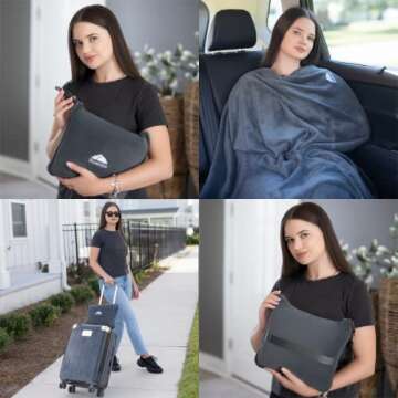 BlueHills Premium Soft Travel Blanket Pillow Airplane Flight Blanket Throw Bag Pillowcase Compact Large Blanket 2 in 1 Combo Warm Traveling Plane Essentials Portable Gifts Lightweight Grey Gray T007