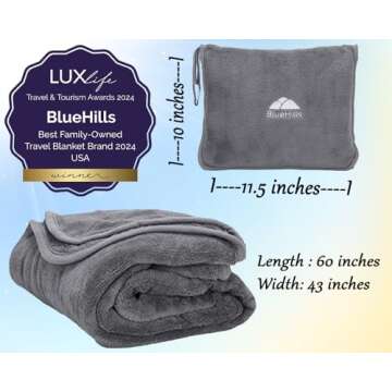 BlueHills Premium Soft Travel Blanket Pillow Airplane Flight Blanket Throw Bag Pillowcase Compact Large Blanket 2 in 1 Combo Warm Traveling Plane Essentials Portable Gifts Lightweight Grey Gray T007