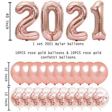 28 Pack Rose Gold New Years Party Decorations Kit, 2021 Rose Gold Balloons Rose Gold Confetti Balloons Paper Pom Poms Hanging Party Swirls for Lunar New Year’s, Graduation Party Supplies, Home Decor