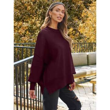 LILLUSORY Women's Oversized Batwing Sweaters 2024 Fall Outfits Crewneck Ribbed Knit Side Slit Trendy Pullover Tops WineRed M