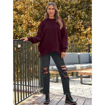 LILLUSORY Women's Oversized Batwing Sweaters 2024 Fall Outfits Crewneck Ribbed Knit Side Slit Trendy Pullover Tops WineRed M