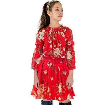 Smukke, Big Girls Tween Beautiful Floral Printed Long Sleeves Dresses (with Options), 7-16