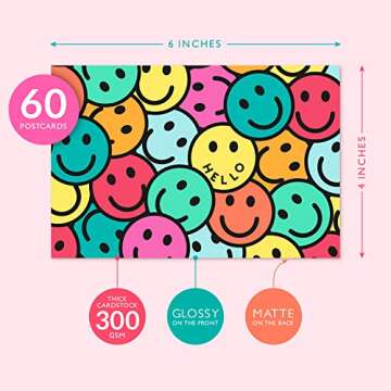 Sweetzer & Orange Hello Postcards Pack (60 Post Cards) 4x6 Postcards for Kids and Adults. 300gsm Note Cards. Blank Hello Greeting Cards, Smiley Face Hello Cards