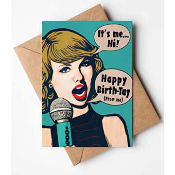 Katie Doodle Funny Birthday Card - Taylor Pop Art Style - Great Swift Merch for Sweet 16, 13th, 18th, 21st, 30th, 40th Birthday Gifts for Women Girls Her - Includes Card (5x7 inch) & Kraft Envelope